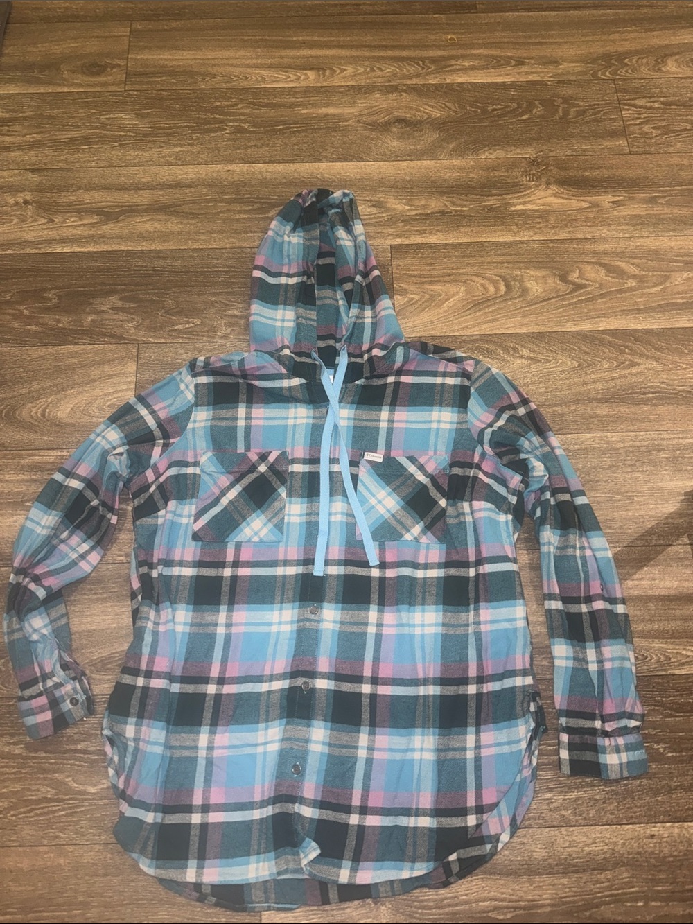 Women’s Plaid Hooded Button-Up Shirt - Blue & Pink